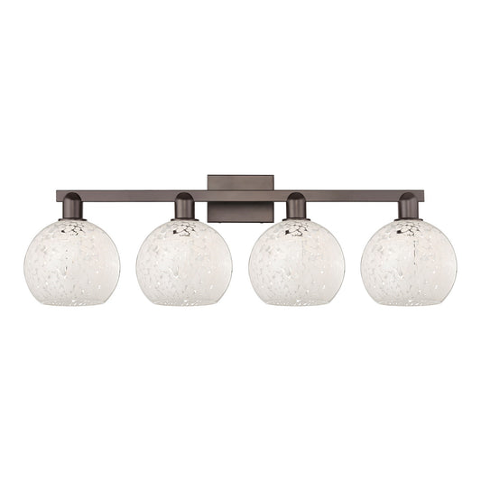 Innovations Lighting White Mouchette 35in 4-Light Bath Vanity | Industrial Oil Rubbed Bronze Steel and White Mouchette Glass | Model 716-4W-OB-G1216-8WM