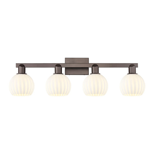 Innovations Lighting White Venetian 33in 4-Light Bath Vanity | Industrial Oil Rubbed Bronze Steel and White Venetian Glass | Model 716-4W-OB-G1217-6WV