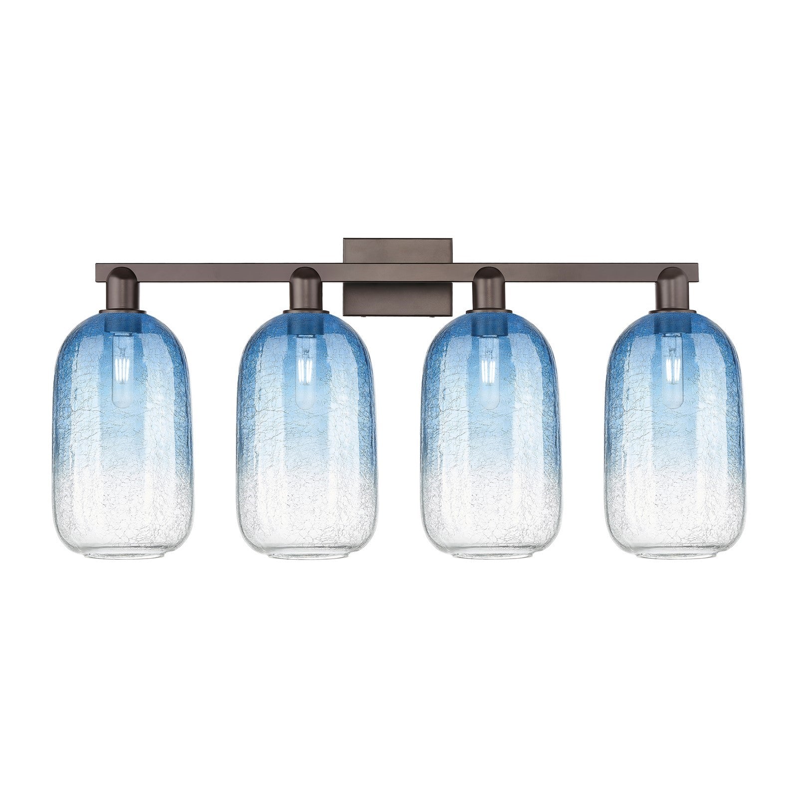 Innovations Brookhaven Cloche 34in 4-Light Bath Vanity Light | Industrial Oil Rubbed Bronze and Sapphire Blue Glass | Bathroom | Model 716-4W-OB-G482-7SB