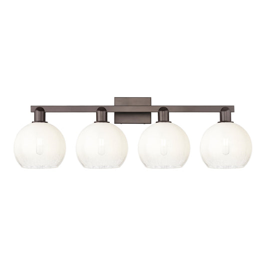 Innovations Brookhaven Globe 35in 4-Light Bath Vanity Light | Industrial Oil Rubbed Bronze Steel and Opal Glass | Damp Rated | Model 716-4W-OB-G483-8OP