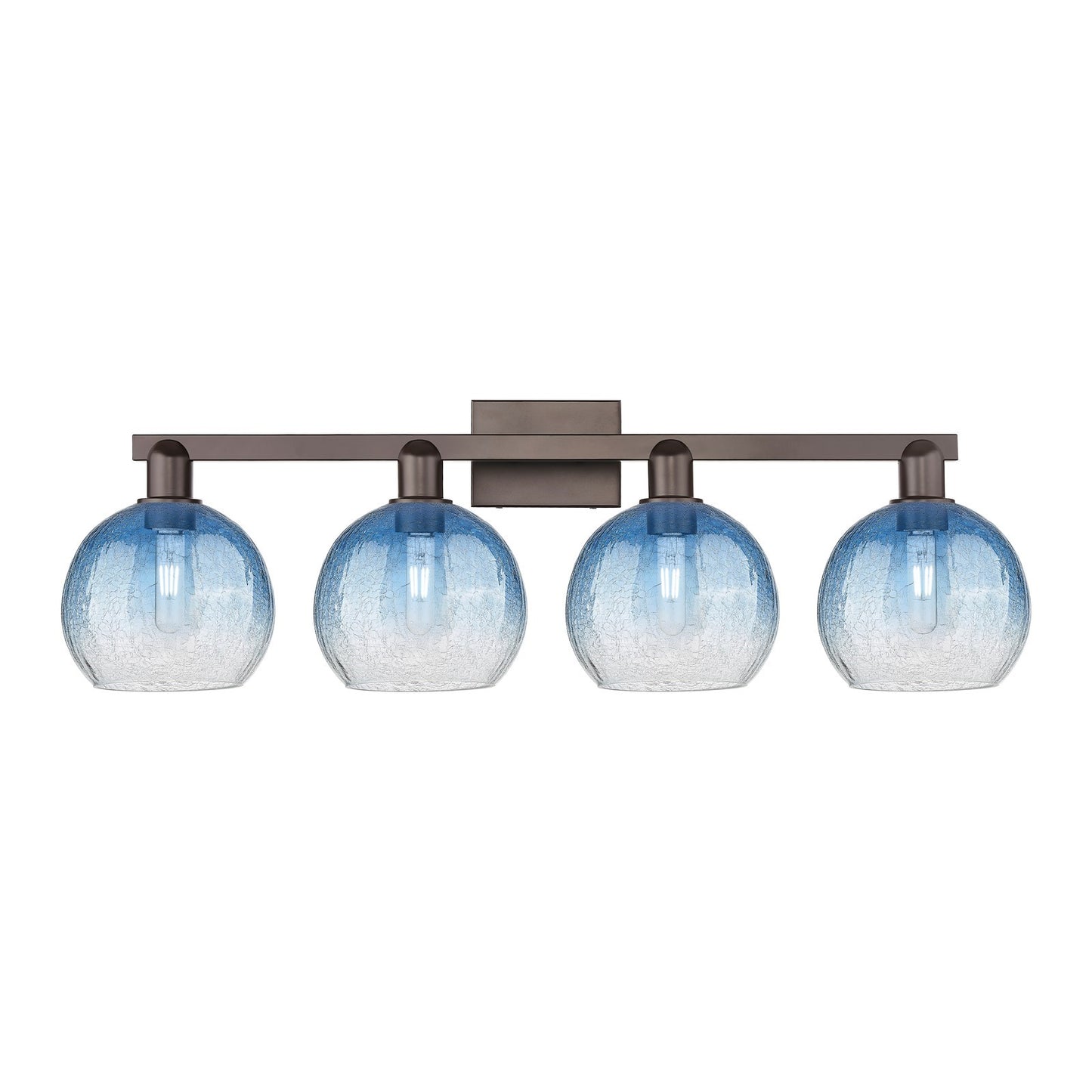 Innovations Brookhaven Globe 35in 4-Light Bath Vanity Light | Industrial Oil Rubbed Bronze and Sapphire Blue Glass | Bathroom | Model 716-4W-OB-G483-8SB