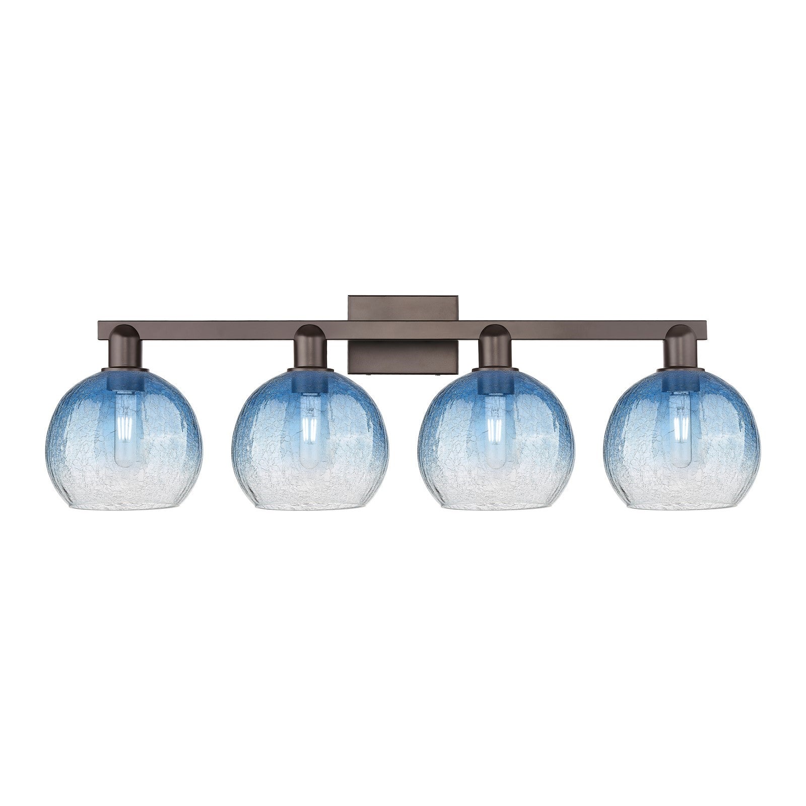 Innovations Brookhaven Globe 35in 4-Light Bath Vanity Light | Industrial Oil Rubbed Bronze and Sapphire Blue Glass | Bathroom | Model 716-4W-OB-G483-8SB