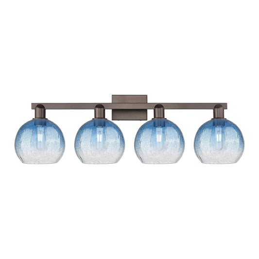 Innovations Brookhaven Globe 35in 4-Light Bath Vanity Light | Industrial Oil Rubbed Bronze and Sapphire Blue Glass | Bathroom | Model 716-4W-OB-G483-8SB