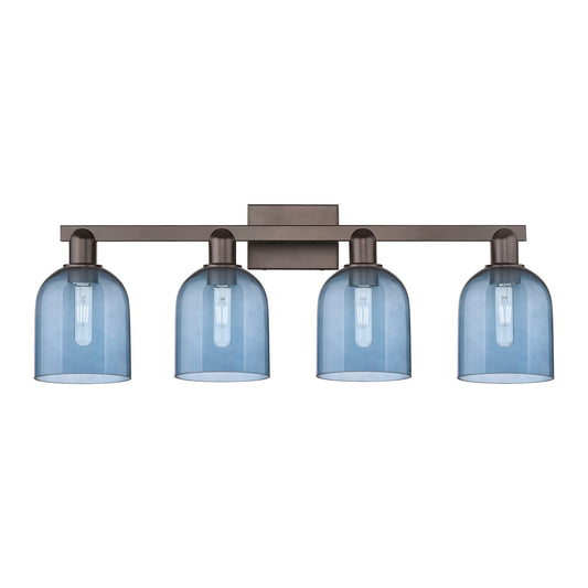 Innovations Bella 33in 4-Light Bath Vanity Light | Industrial Oil Rubbed Bronze Steel and Blue Glass | Bathroom Vanity | Model 716-4W-OB-G558-6BL