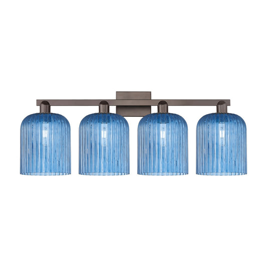 Innovations Bridal Veil 35in 4-Light Bath Vanity | Industrial Oil Rubbed Bronze and Princess Blue Glass | Bathroom Vanity Light | Model 716-4W-OB-G559-8BL