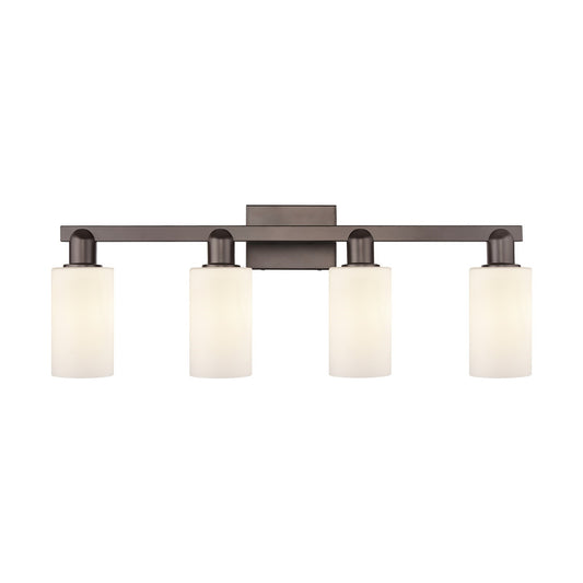 Innovations Clymer 31in 4-Light Bath Vanity Light | Industrial Oil Rubbed Bronze Steel and Matte White Glass | Bathroom Vanity | Model 716-4W-OB-G801