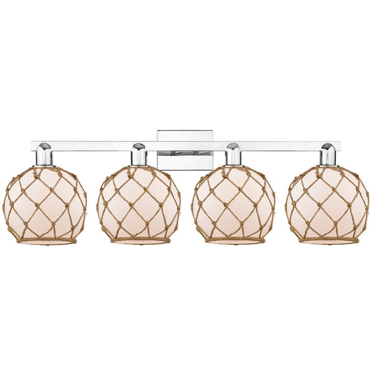Innovations Farmhouse Rope 35in 4-Light Bath Vanity | Industrial Polished Chrome and White Glass with Brown Rope | Bathroom | Model 716-4W-PC-G121-8RB