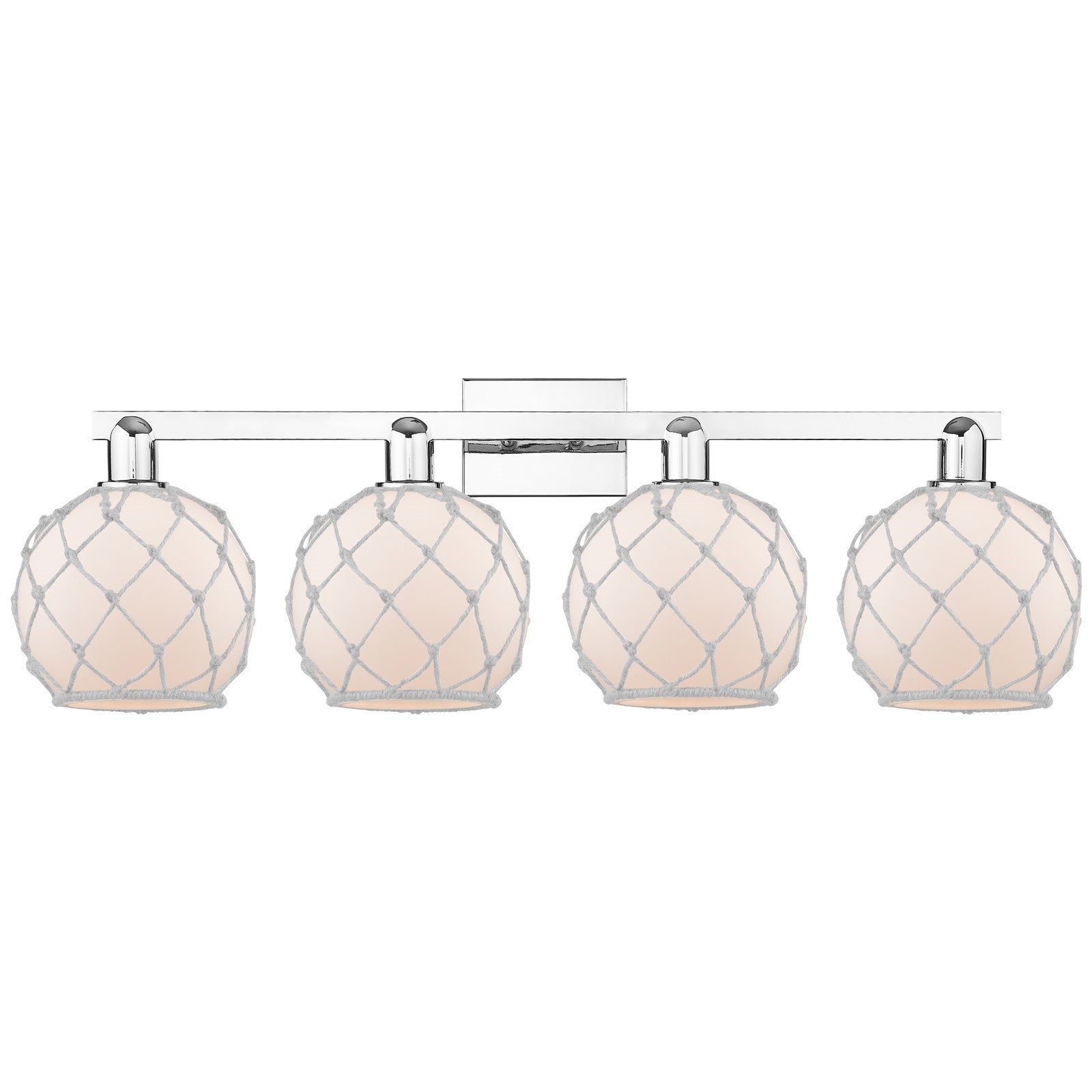 Innovations Farmhouse Rope 35in 4-Light Bath Vanity | Industrial Polished Chrome and White Frosted Glass with Rope Shade | Model 716-4W-PC-G121-8RW