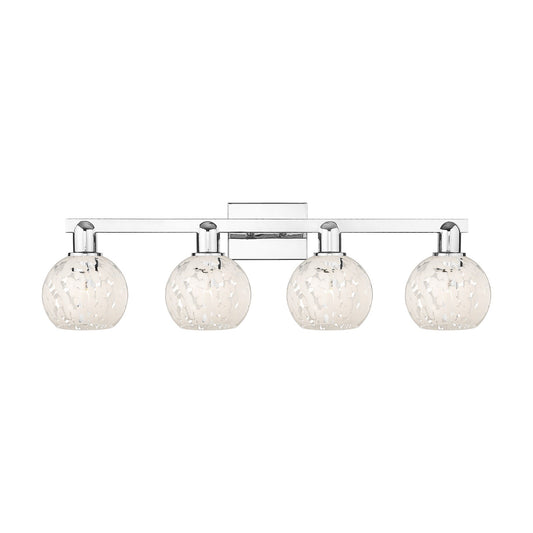 Innovations Lighting White Mouchette 33in 4-Light Bath Vanity | Industrial Polished Chrome and White Mouchette Glass | Model 716-4W-PC-G1216-6WM