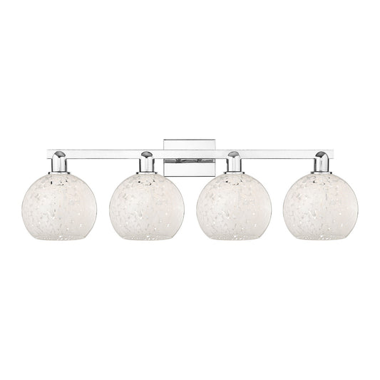 Innovations White Mouchette 35in 4-Light Bath Vanity Light | Industrial Polished Chrome and White Mouchette Glass | Damp-Rated | Model 716-4W-PC-G1216-8WM