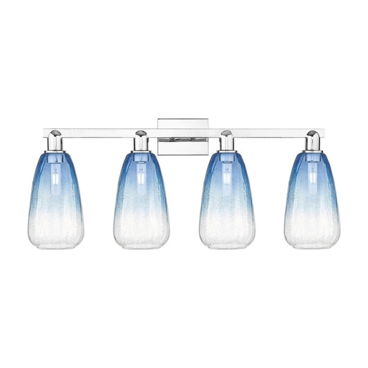 Innovations Brookhaven Almond 33in 4-Light Bath Vanity Light | Industrial Polished Chrome and Sapphire Blue Glass | Bathroom | Model 716-4W-PC-G480-6SB
