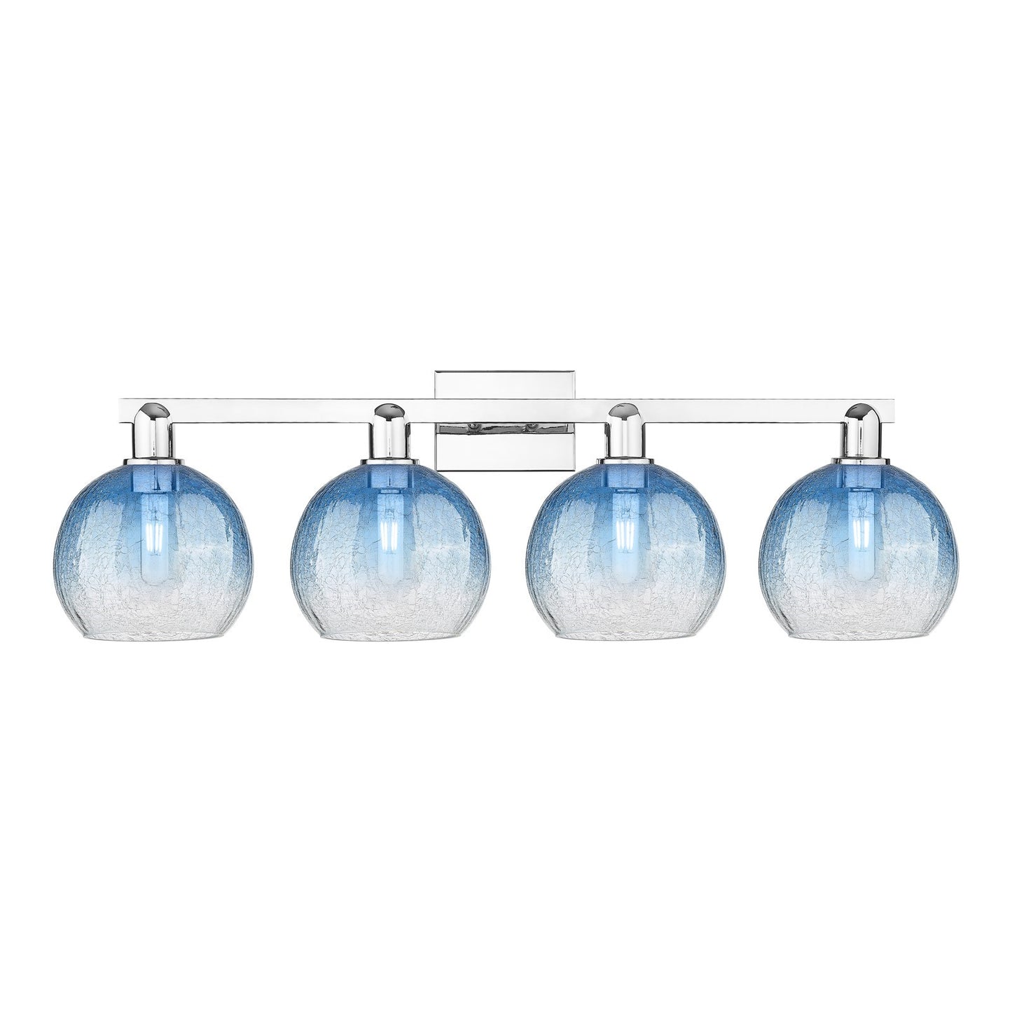Innovations Brookhaven Globe 35in 4-Light Bath Vanity Light | Industrial Polished Chrome and Sapphire Blue Glass | Bathroom | Model 716-4W-PC-G483-8SB
