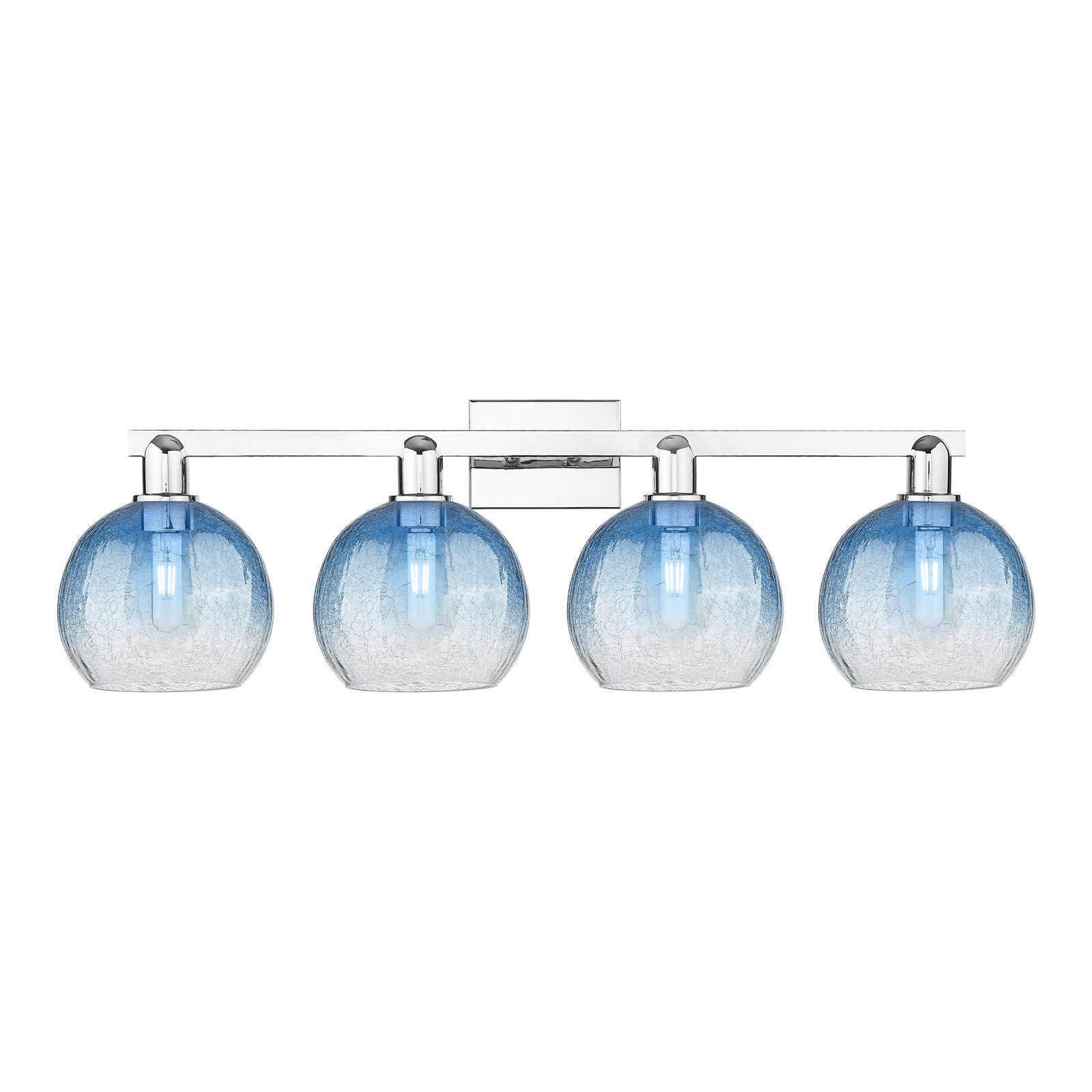 Innovations Brookhaven Globe 35in 4-Light Bath Vanity Light | Industrial Polished Chrome and Sapphire Blue Glass | Bathroom | Model 716-4W-PC-G483-8SB