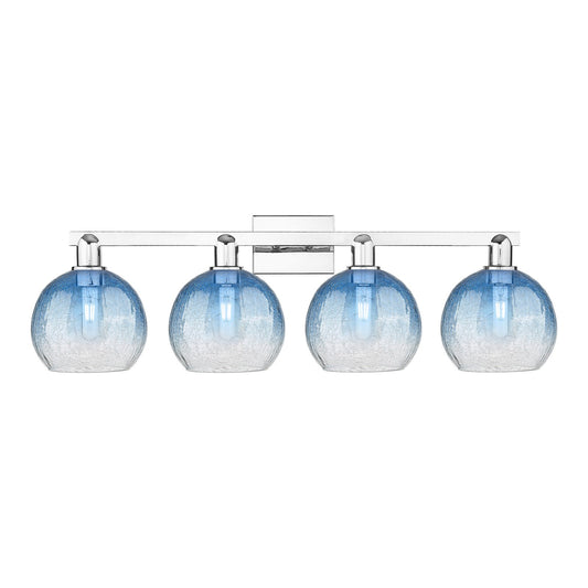 Innovations Brookhaven Globe 35in 4-Light Bath Vanity Light | Industrial Polished Chrome and Sapphire Blue Glass | Bathroom | Model 716-4W-PC-G483-8SB