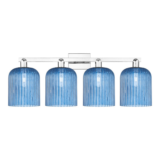 Innovations Bridal Veil 35in 4-Light Bath Vanity Light | Industrial Modern Polished Chrome and Princess Blue Ribbed Glass | Model 716-4W-PC-G559-8BL