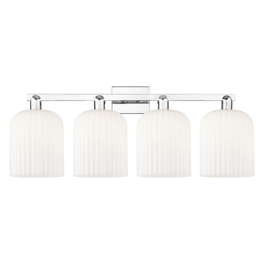 Innovations Bridal Veil 35in 4-Light Bath Vanity Light | Industrial Polished Chrome and Gloss White Ribbed Glass | Bathroom | Model 716-4W-PC-G559-8GWH