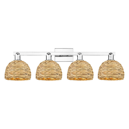 Innovations Woven Rattan 35in 4-Light Bath Vanity Light | Industrial Polished Chrome and Natural Fiber | Bathroom Vanity | Model 716-4W-PC-RBD-8-NAT