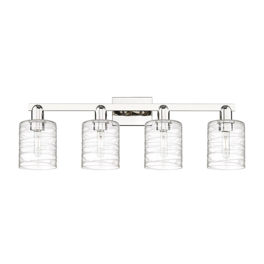 Innovations Cobbleskill 32in 4-Light Bath Vanity | Industrial Polished Nickel Steel and Deco Swirl Clear Glass | Bathroom Vanity & | Model 716-4W-PN-G1113