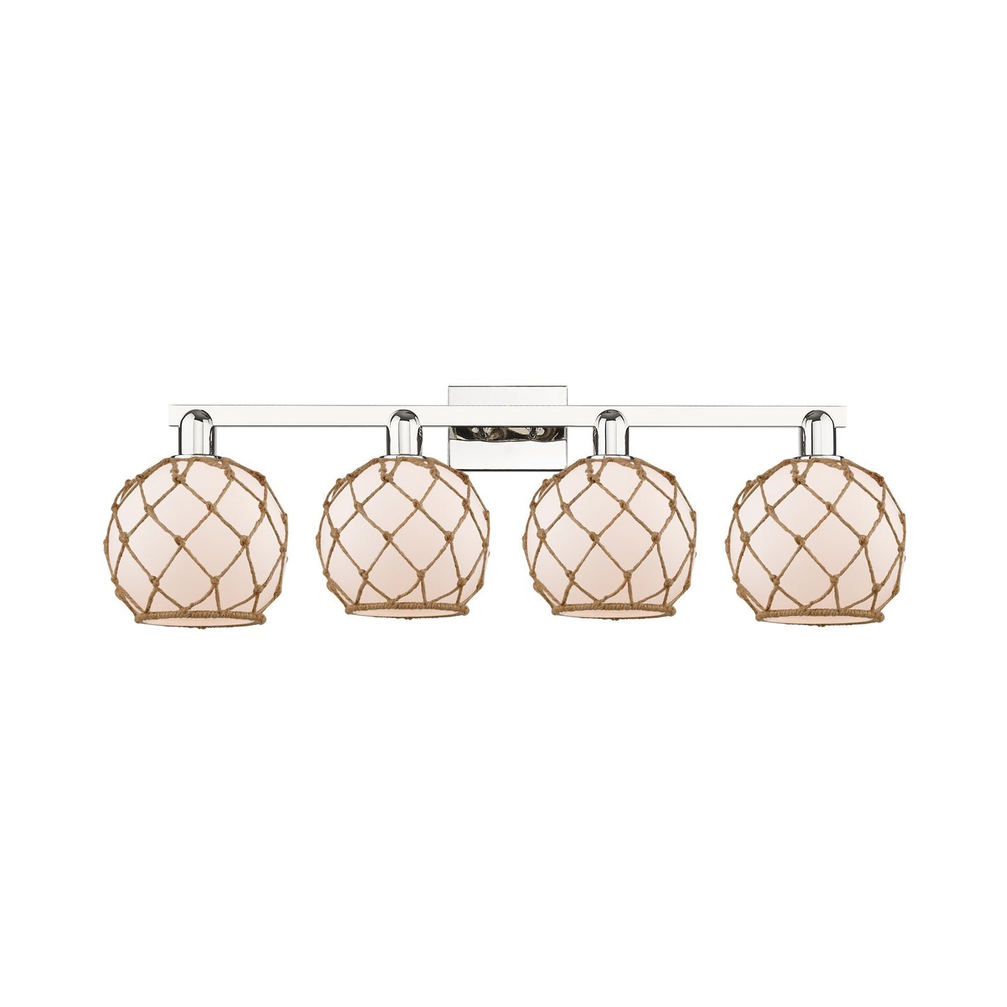 Innovations Farmhouse Rope 35in 4-Light Bath Vanity | Industrial Polished Nickel and White Frosted Glass with Brown Rope | Model 716-4W-PN-G121-8RB