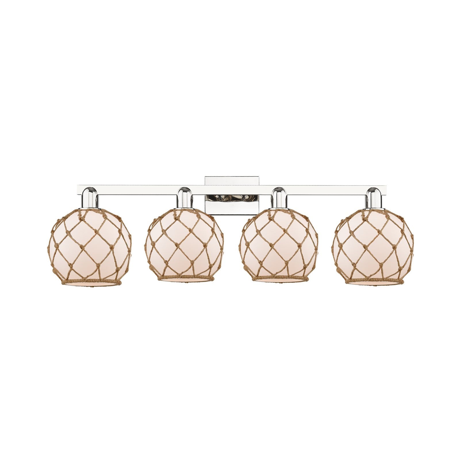 Innovations Farmhouse Rope 35in 4-Light Bath Vanity | Industrial Polished Nickel and White Frosted Glass with Brown Rope | Model 716-4W-PN-G121-8RB