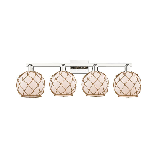 Innovations Farmhouse Rope 35in 4-Light Bath Vanity | Industrial Polished Nickel and White Frosted Glass with Brown Rope | Model 716-4W-PN-G121-8RB