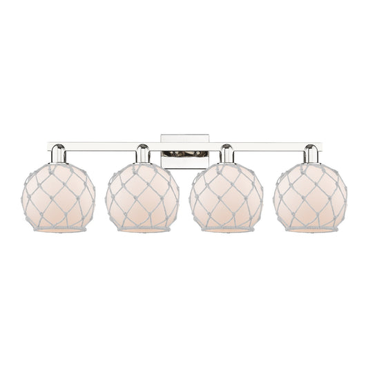 Innovations Farmhouse Rope 35in 4-Light Bath Vanity Light | Industrial Polished Nickel and White Frosted Glass with Rope Shade | Model 716-4W-PN-G121-8RW