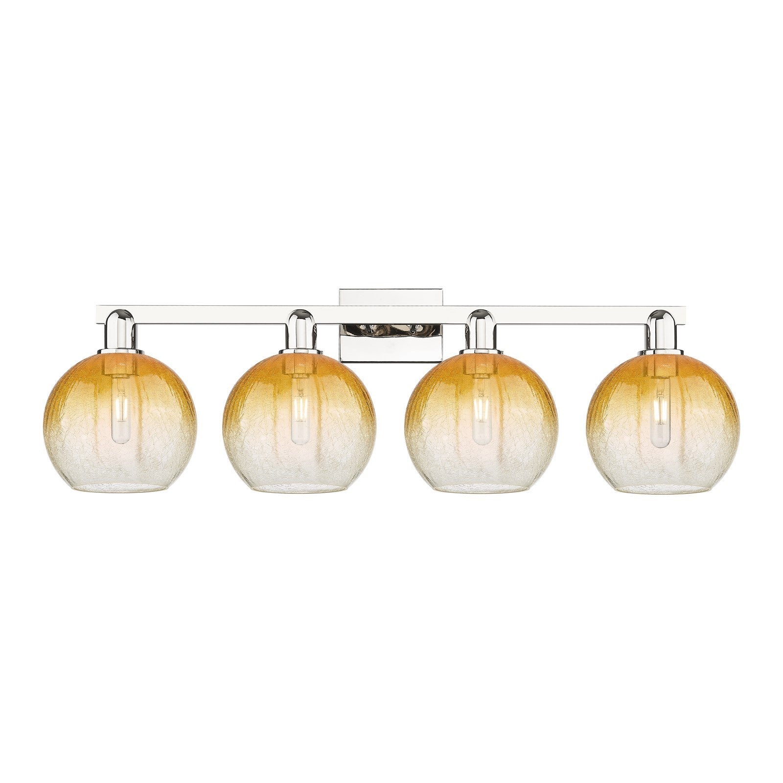 Innovations Brookhaven Globe 35in 4-Light Bath Vanity Light | Industrial Polished Nickel Steel and Amber Glass | Damp-Rated | Model 716-4W-PN-G483-8AM