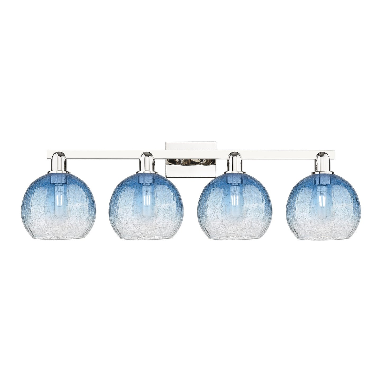 Innovations Brookhaven Globe 35in 4-Light Bath Vanity Light | Industrial Polished Nickel and Sapphire Blue Glass | Bathroom | Model 716-4W-PN-G483-8SB