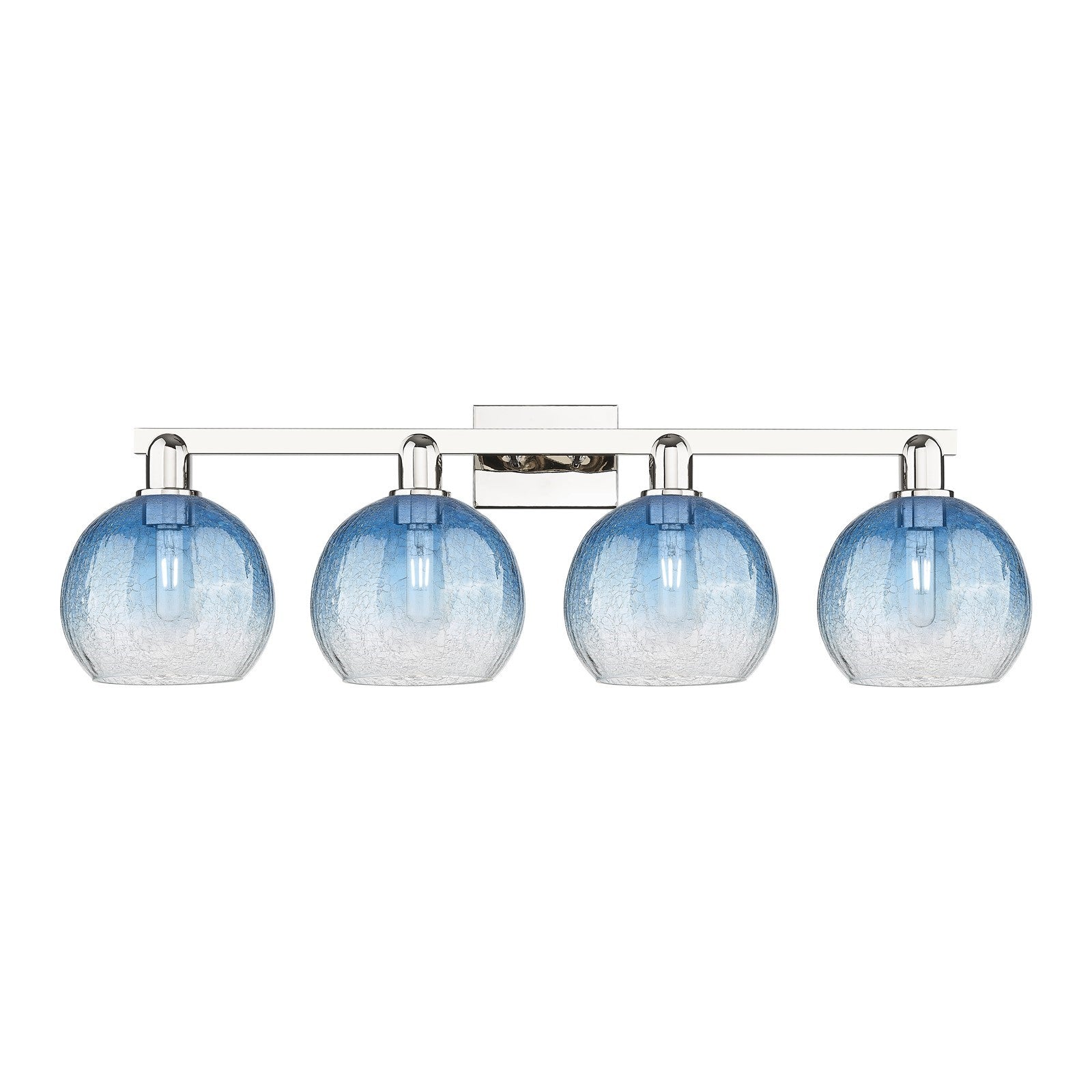 Innovations Brookhaven Globe 35in 4-Light Bath Vanity Light | Industrial Polished Nickel and Sapphire Blue Glass | Bathroom | Model 716-4W-PN-G483-8SB