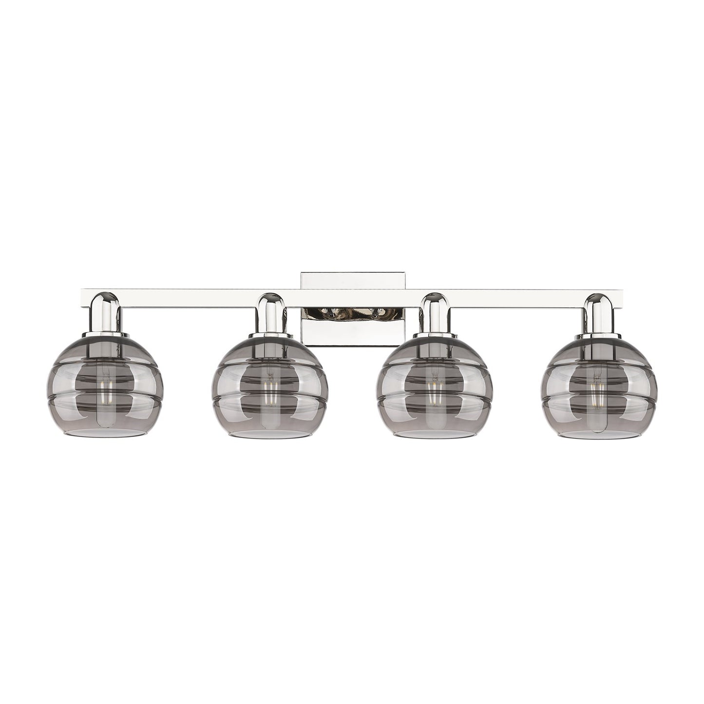 Innovations Rochester 33in 4-Light Bath Vanity Light | Industrial Polished Nickel and Light Smoke Glass | Bathroom Vanity | Model 716-4W-PN-G556-6SM
