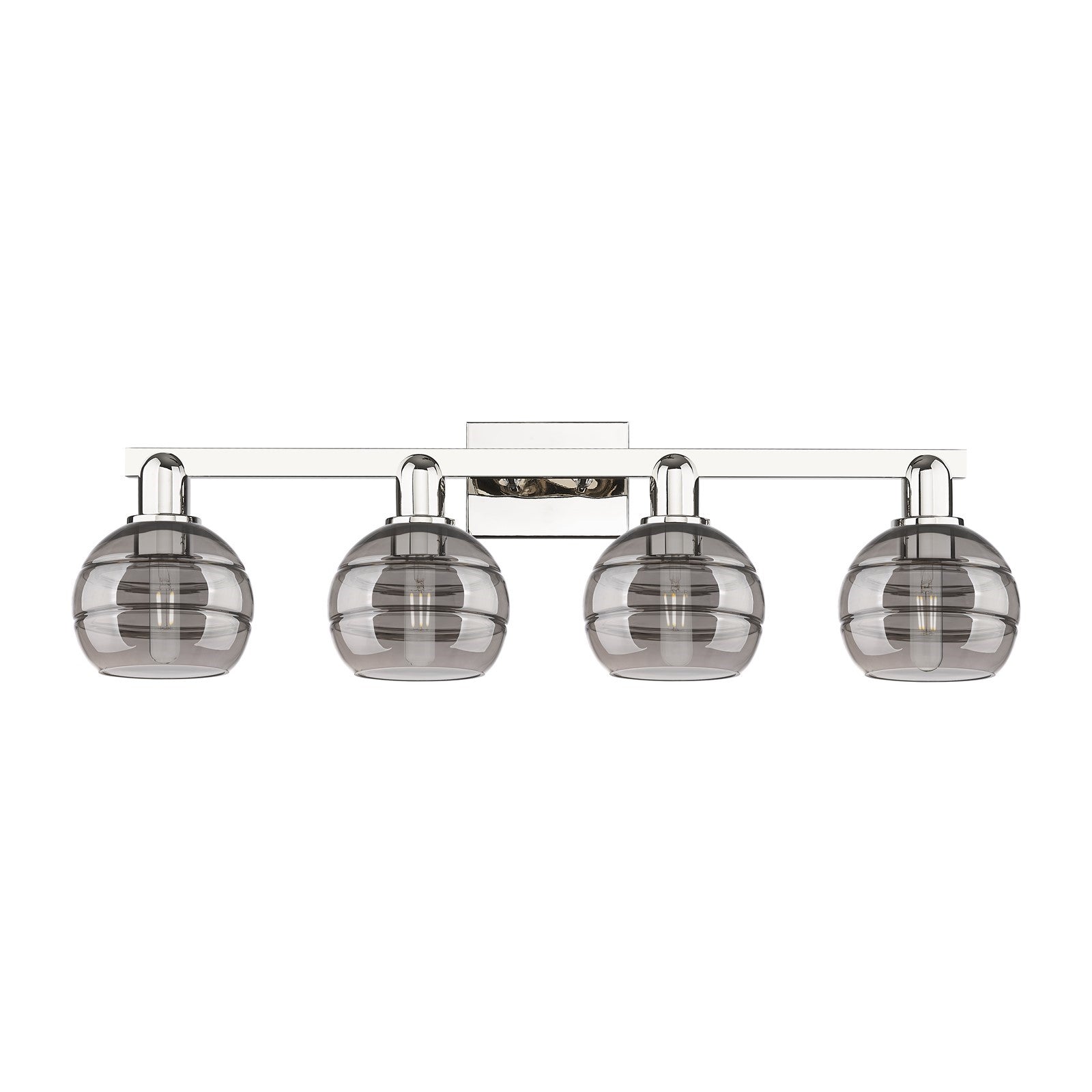 Innovations Rochester 33in 4-Light Bath Vanity Light | Industrial Polished Nickel and Light Smoke Glass | Bathroom Vanity | Model 716-4W-PN-G556-6SM