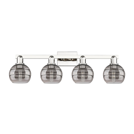 Innovations Rochester 33in 4-Light Bath Vanity Light | Industrial Polished Nickel and Light Smoke Glass | Bathroom Vanity | Model 716-4W-PN-G556-6SM