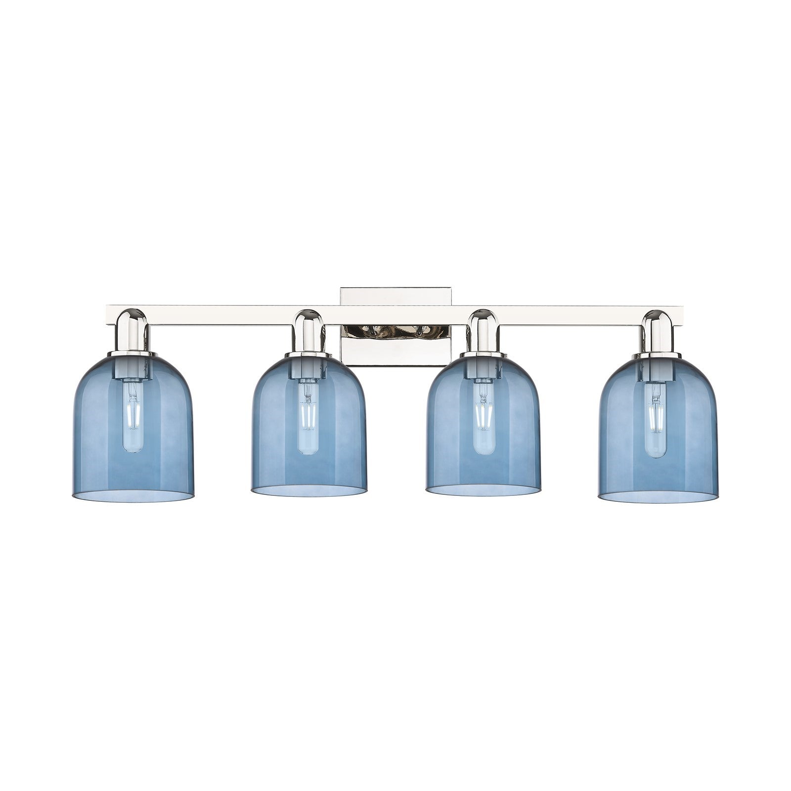 Innovations Bella 33in 4-Light Bath Vanity Light | Industrial Polished Nickel Steel and Blue Glass | Bathroom Vanity | Model 716-4W-PN-G558-6BL
