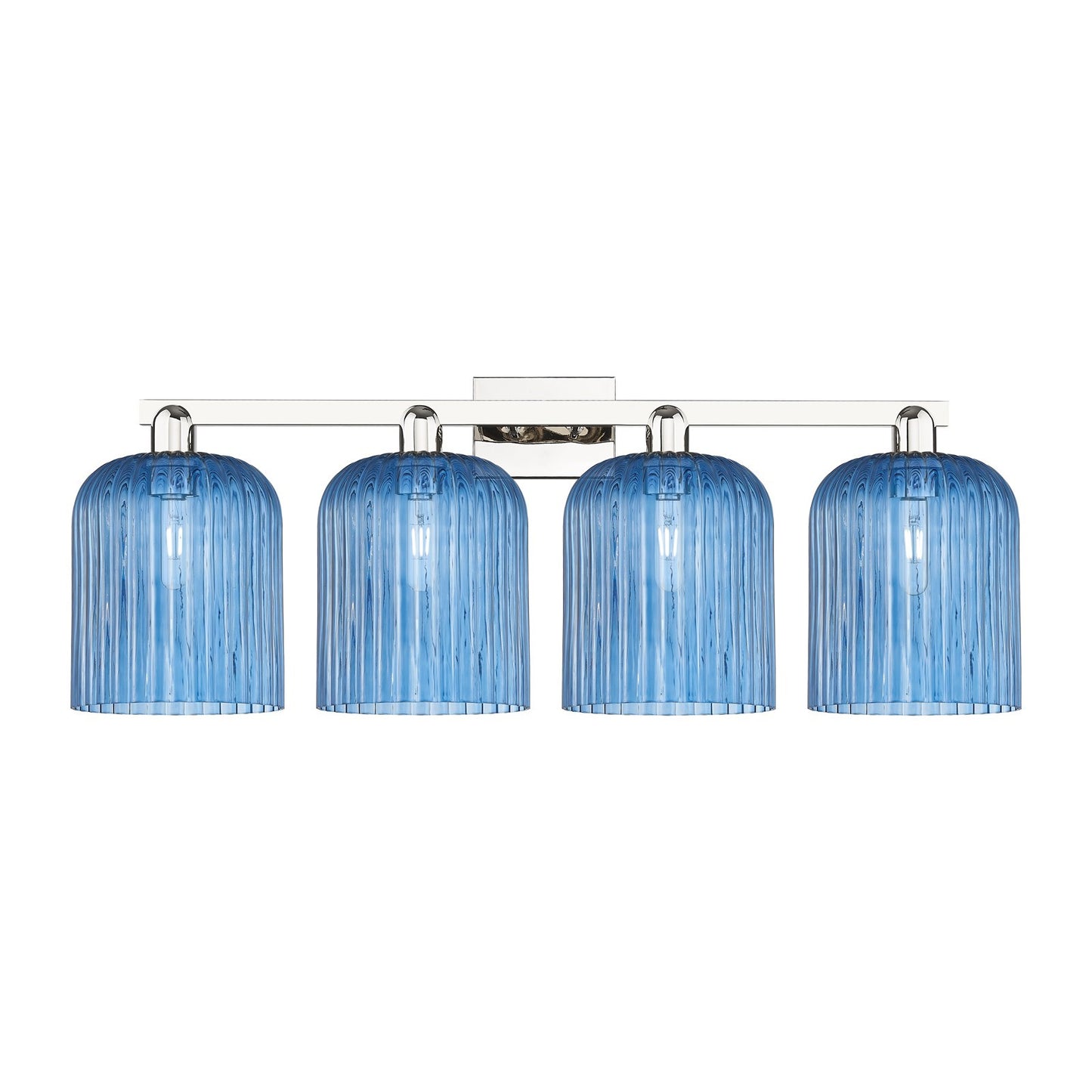 Innovations Bridal Veil 35in 4-Light Bath Vanity Light | Industrial Polished Nickel and Princess Blue Ribbed Glass | Bathroom | Model 716-4W-PN-G559-8BL