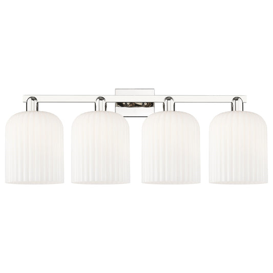 Innovations Bridal Veil 35in 4-Light Bath Vanity Light | Industrial Polished Nickel and Gloss White Ribbed Glass | Bathroom | Model 716-4W-PN-G559-8GWH