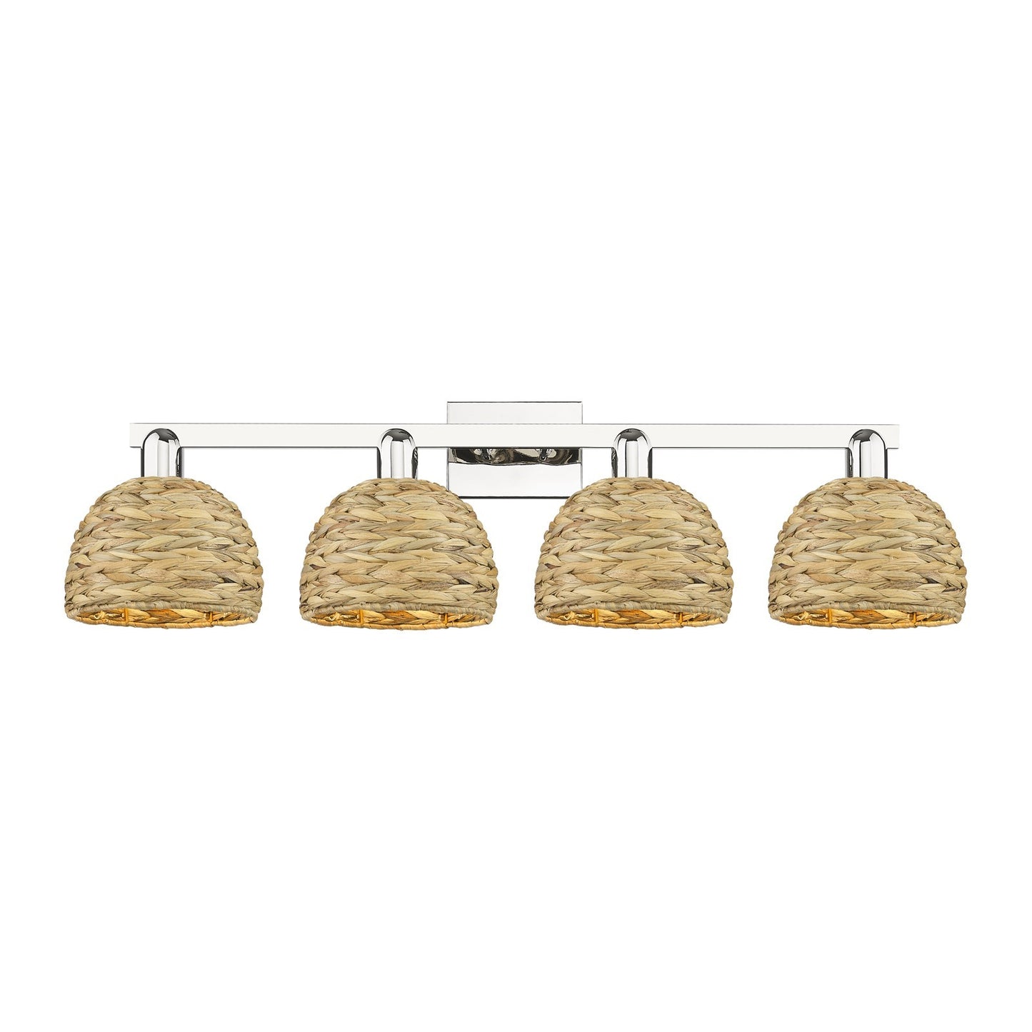 Innovations Woven Rattan 35in 4-Light Bath Vanity Light | Industrial Polished Nickel and Natural Fiber Dome Shade | Bathroom | Model 716-4W-PN-RBD-8-NAT