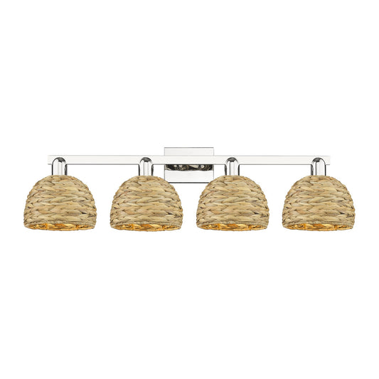Innovations Woven Rattan 35in 4-Light Bath Vanity Light | Industrial Polished Nickel and Natural Fiber Dome Shade | Bathroom | Model 716-4W-PN-RBD-8-NAT