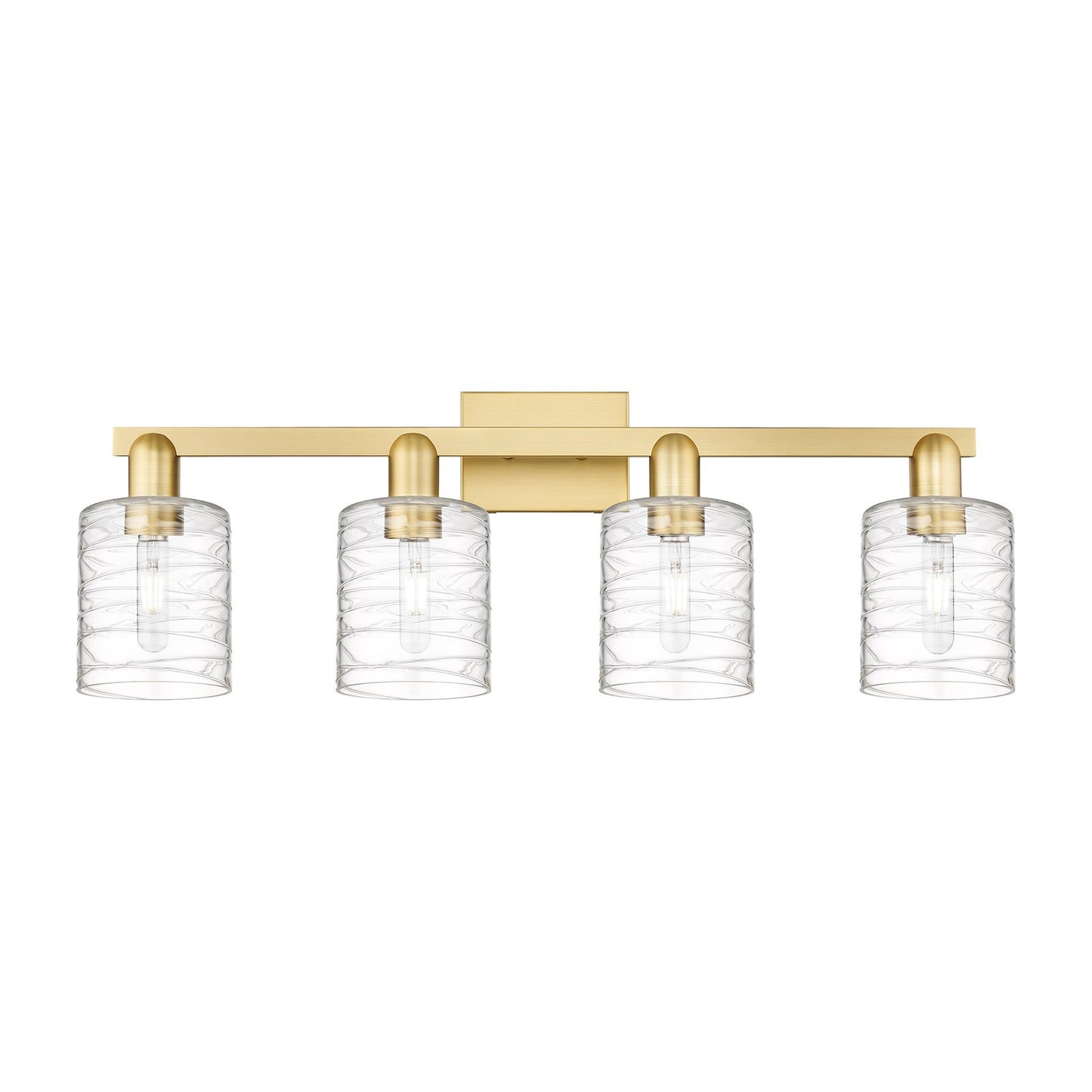 Innovations Cobbleskill 32in 4-Light Bath Vanity Light | Industrial Modern Satin Gold Steel and Deco Swirl Clear Glass | Bathroom | Model 716-4W-SG-G1113