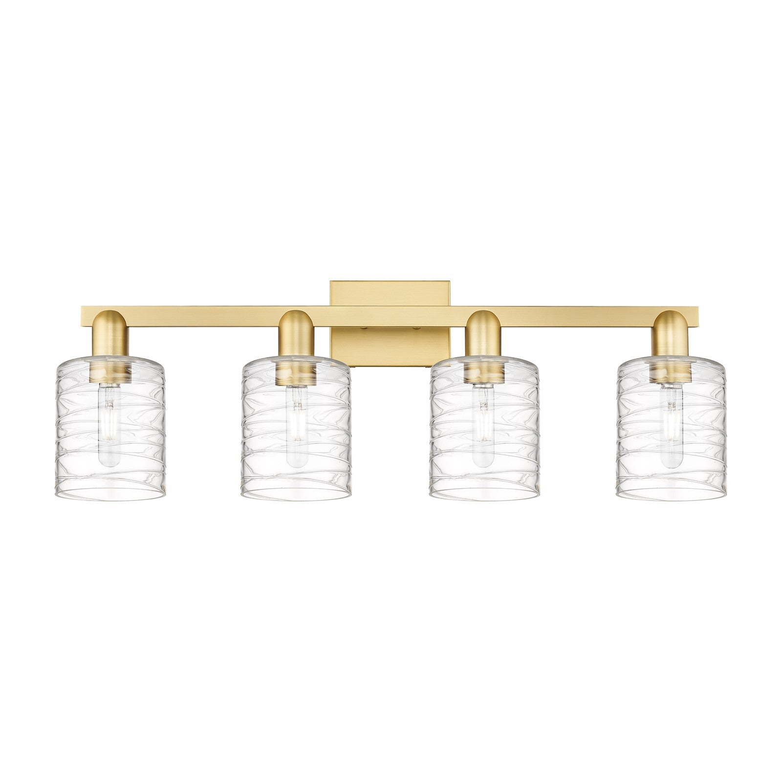 Innovations Cobbleskill 32in 4-Light Bath Vanity Light | Industrial Modern Satin Gold Steel and Deco Swirl Clear Glass | Bathroom | Model 716-4W-SG-G1113