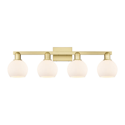 Innovations Athens 33in 4-Light Bath Vanity Light | Industrial Satin Gold Steel and Matte White Glass | Bathroom Vanity & Powder | Model 716-4W-SG-G121-6