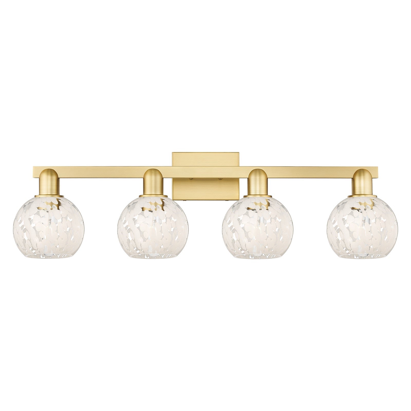 Innovations Lighting White Mouchette 33in 4-Light Bath Vanity | Industrial Satin Gold Steel and White Glass Globe Shades | Model 716-4W-SG-G1216-6WM
