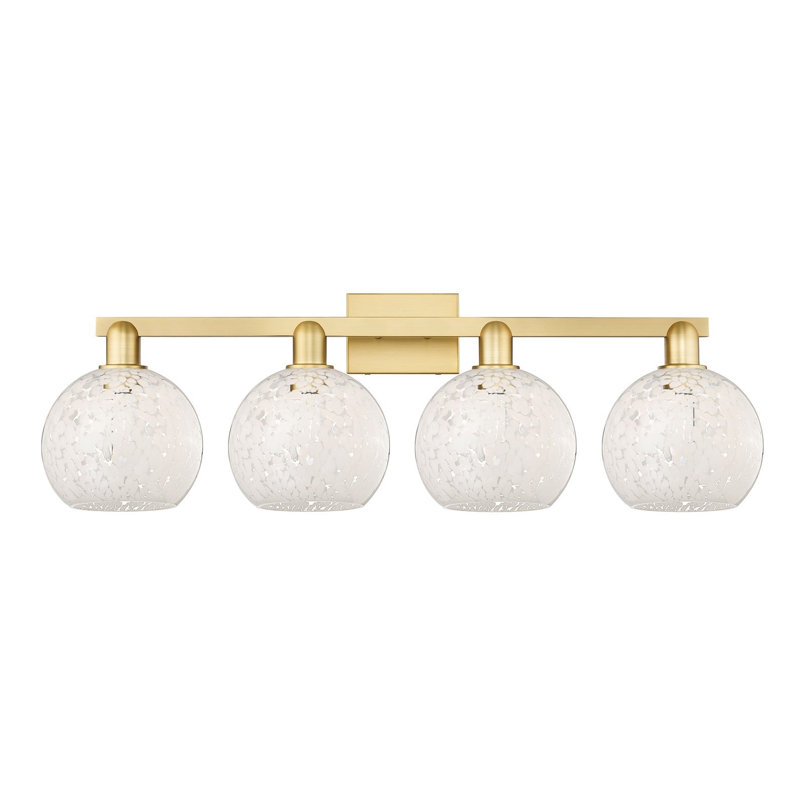 Innovations White Mouchette 35in 4-Light Bath Vanity | Industrial Satin Gold Steel and Cast Brass with White Glass Shades | Model 716-4W-SG-G1216-8WM