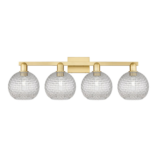 Innovations Athens 35in 4-Light Bath Vanity Light | Industrial Satin Gold Steel and Clear Basket Weave Glass | Bathroom Vanity | Model 716-4W-SG-G122C-8CL