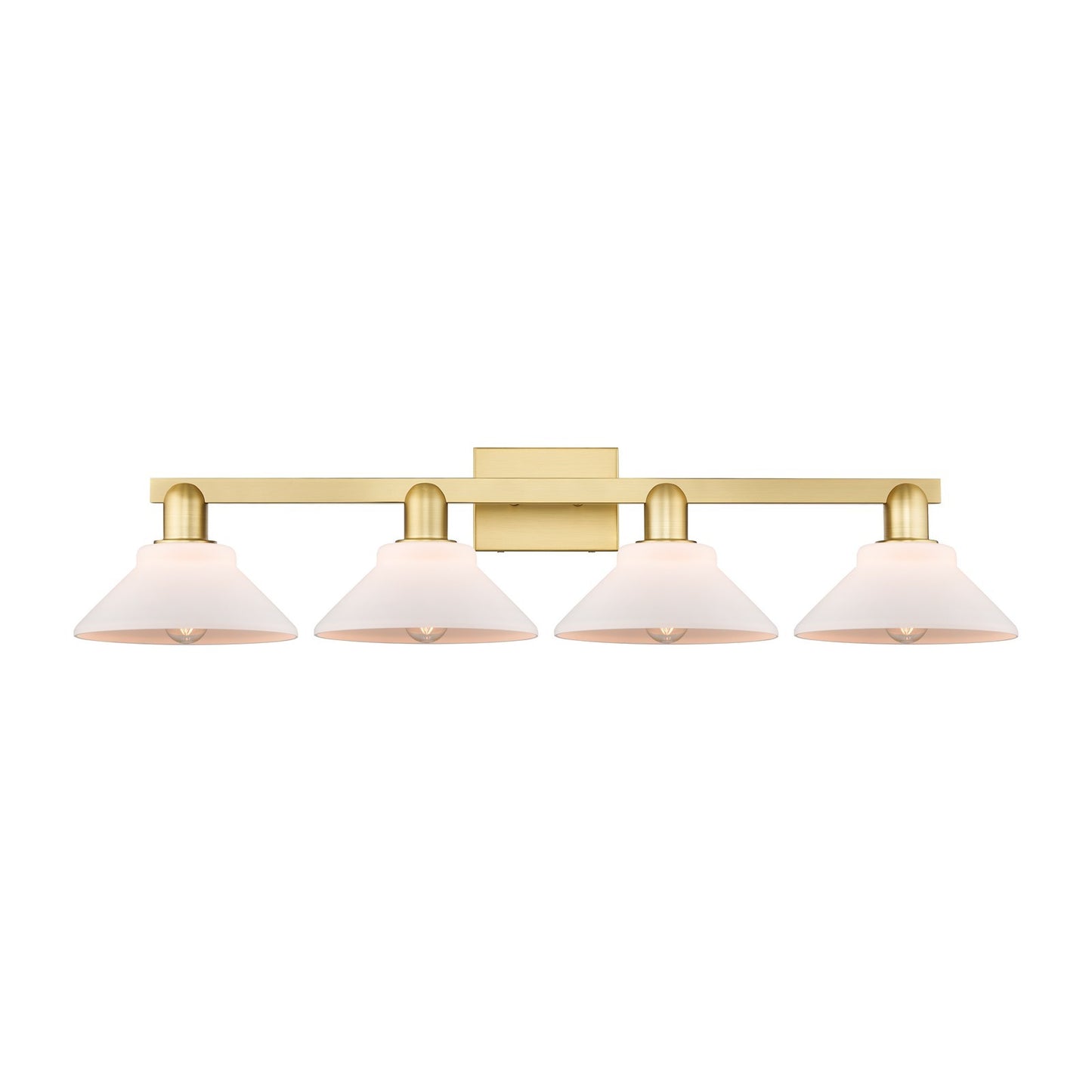 Innovations Orwell 35in 4-Light Bath Vanity Light | Industrial Satin Gold Steel and Matte White Glass | Bathroom Vanity & Powder | Model 716-4W-SG-G131