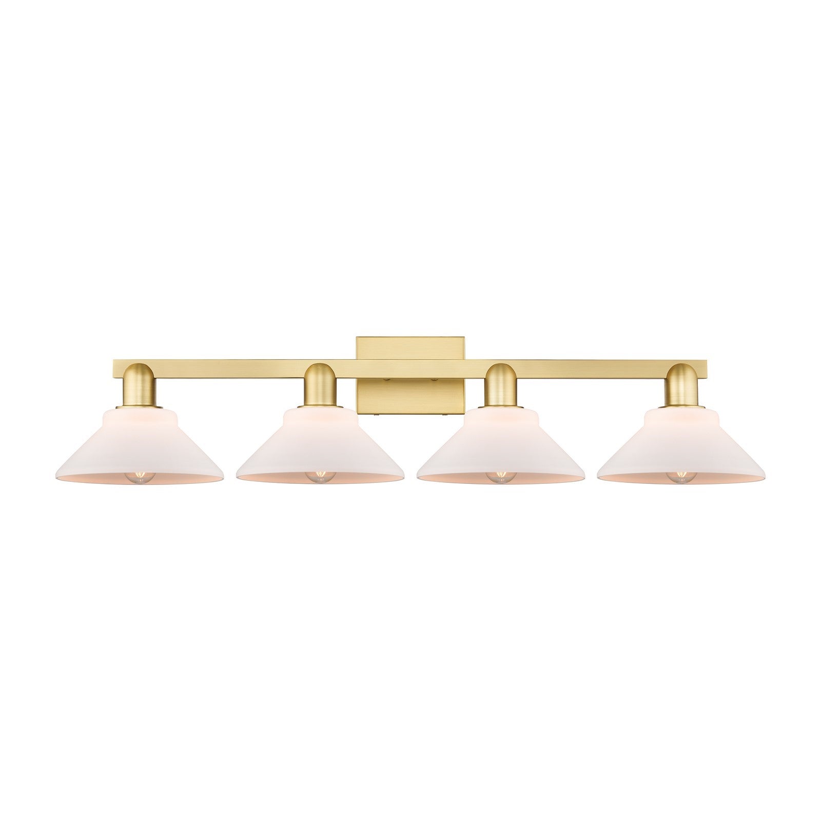 Innovations Orwell 35in 4-Light Bath Vanity Light | Industrial Satin Gold Steel and Matte White Glass | Bathroom Vanity & Powder | Model 716-4W-SG-G131