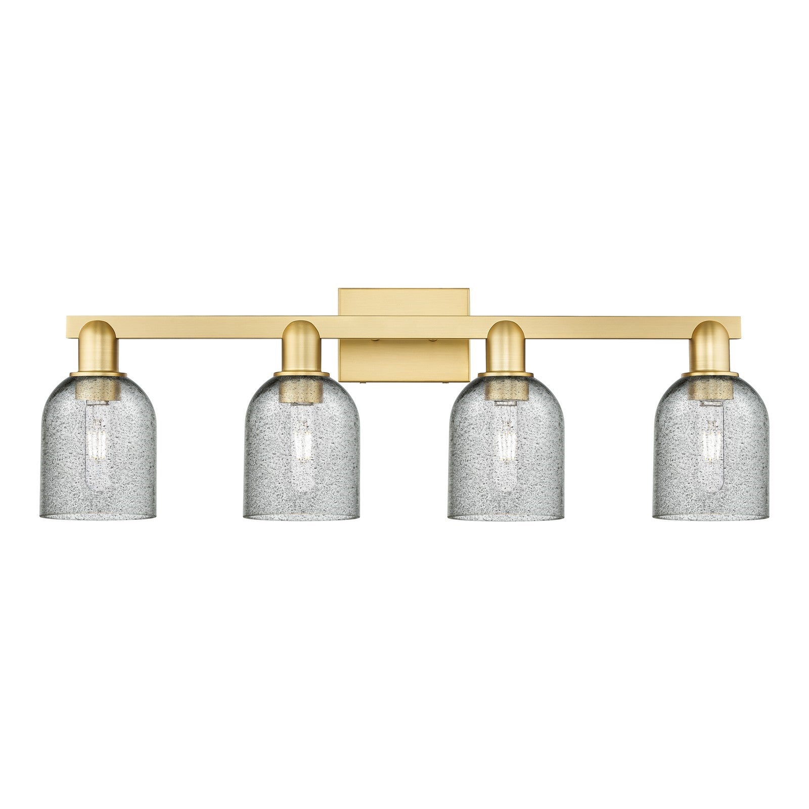 Innovations Caledonia 32in 4-Light Bath Vanity Light | Industrial Satin Gold Steel and Charcoal Glass | Bathroom Vanity & Powder | Model 716-4W-SG-G257