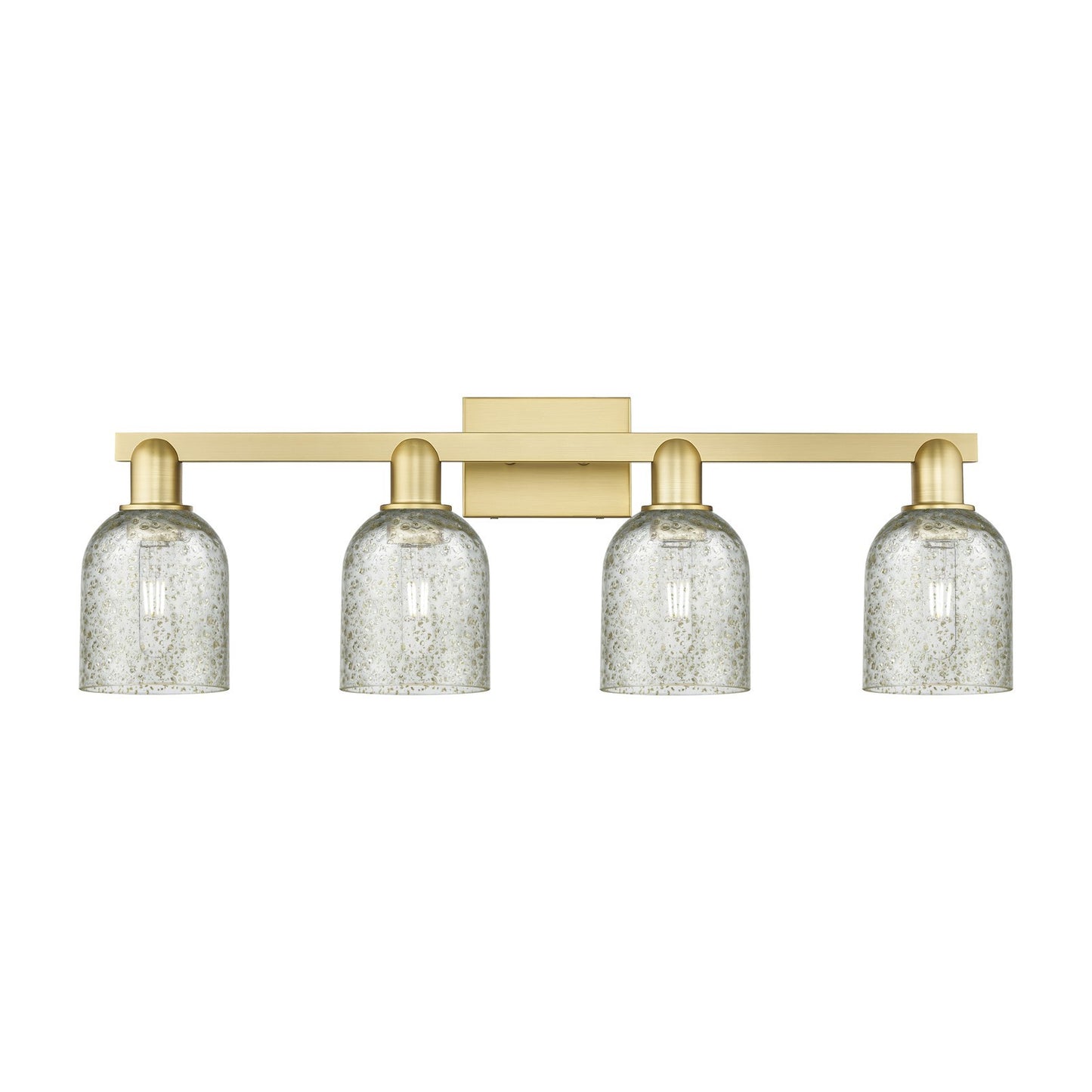 Innovations Caledonia 32in 4-Light Bath Vanity Light | Industrial Satin Gold Steel and Mica Glass | Bathroom Vanity | Model 716-4W-SG-G259