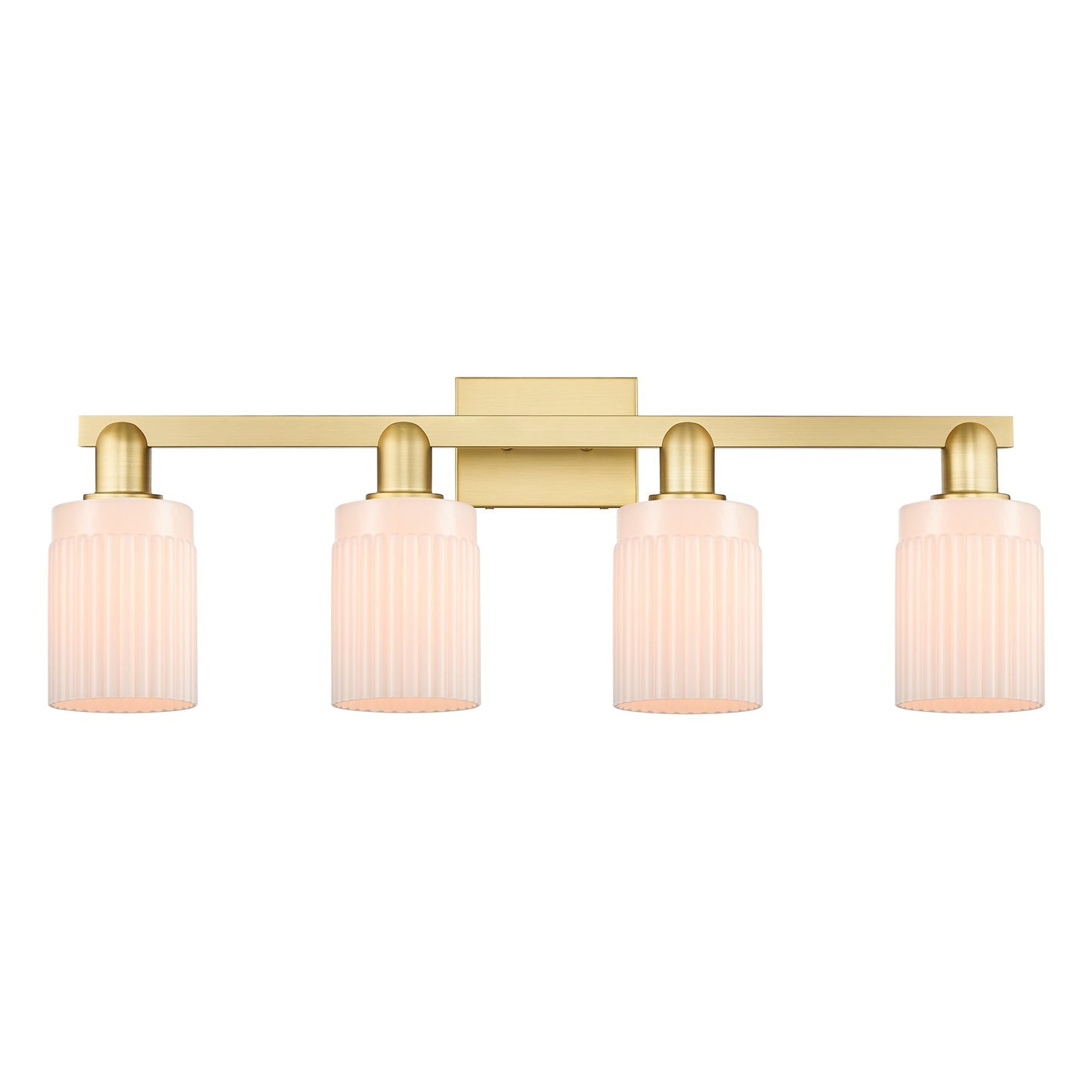 Innovations Hadley 32in 4-Light Bath Vanity Light | Industrial Satin Gold Steel and Matte White Ribbed Glass | Bathroom Vanity | Model 716-4W-SG-G341