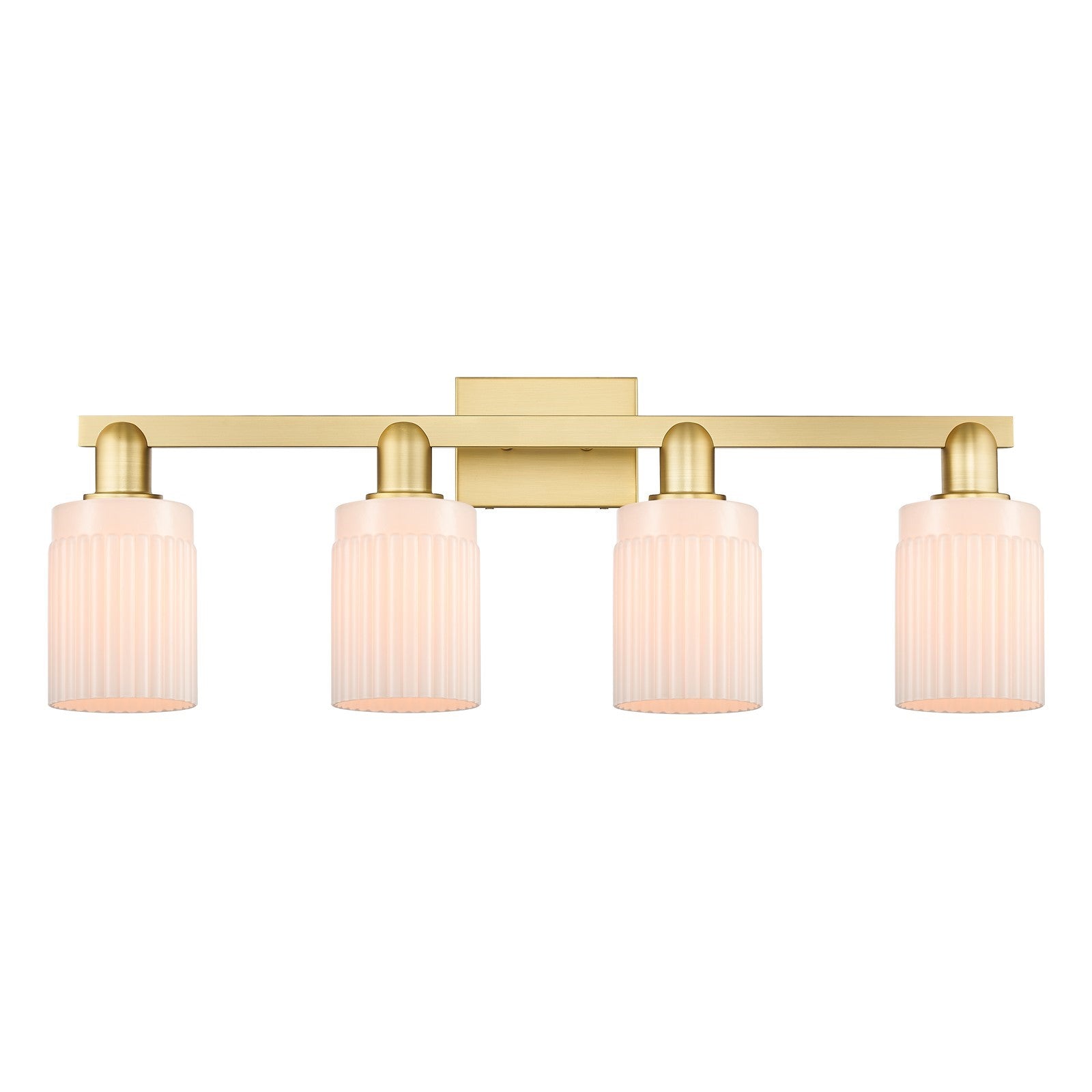 Innovations Hadley 32in 4-Light Bath Vanity Light | Industrial Satin Gold Steel and Matte White Ribbed Glass | Bathroom Vanity | Model 716-4W-SG-G341