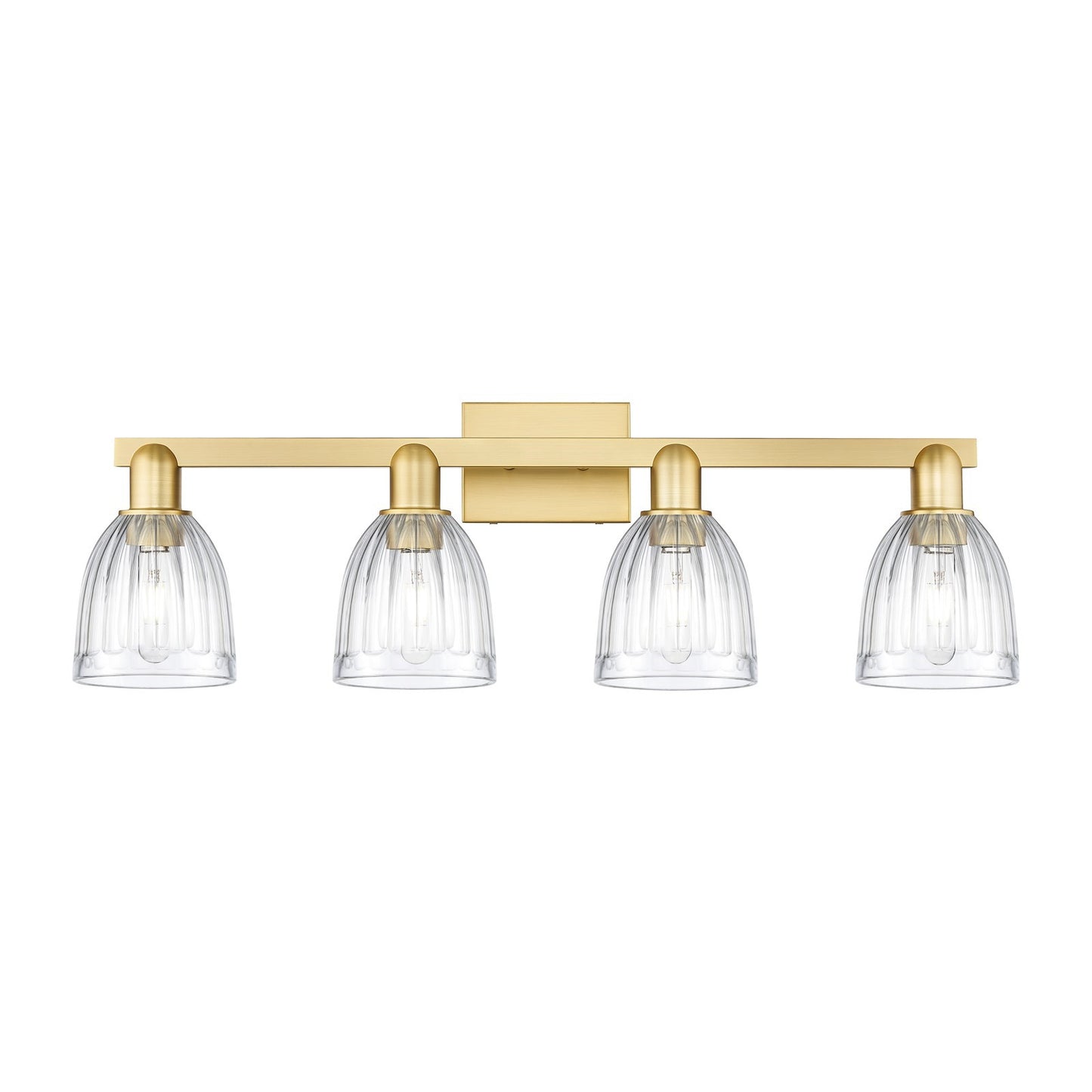 Innovations Brookfield 33in 4-Light Bath Vanity Light | Industrial Satin Gold Steel and Clear Ribbed Glass | Bathroom Vanity | Model 716-4W-SG-G442